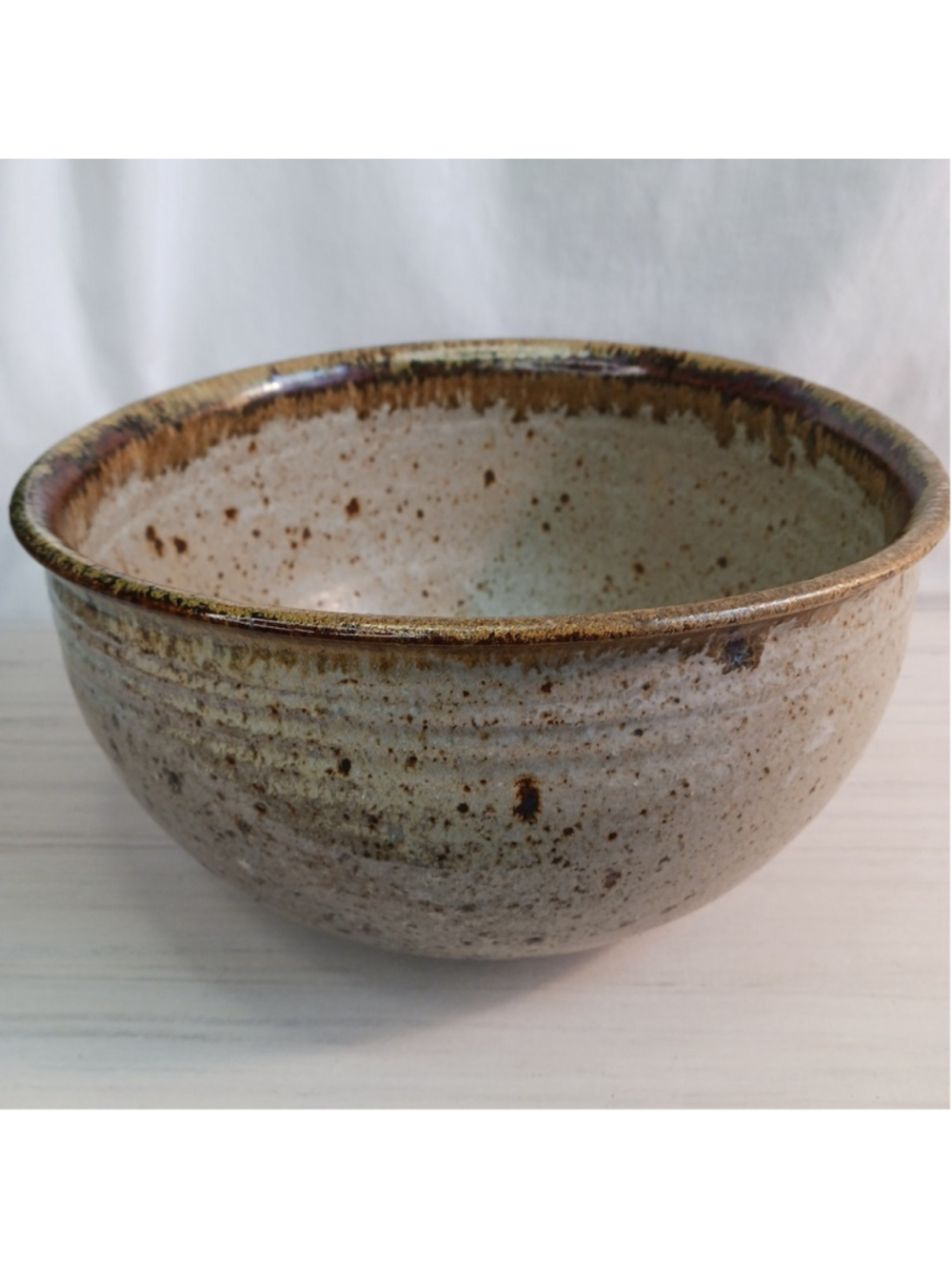 Large Stoneware Art Pottery Bowl Brown Gray Signed Chop CW Fruit Centerpiece